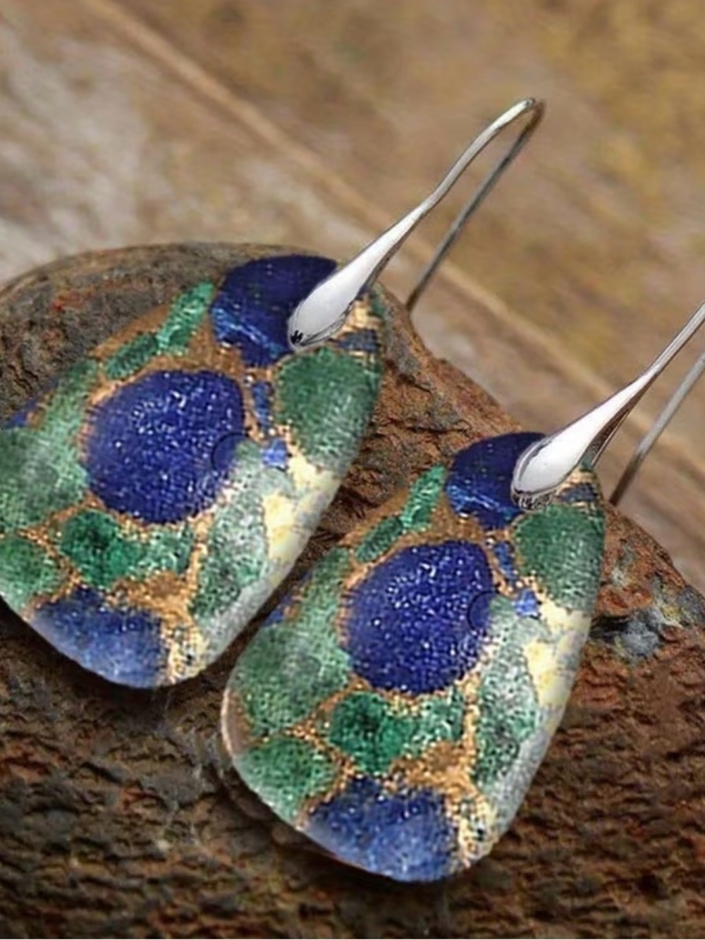 Artisan Blue and Green Enamel Drop Earrings